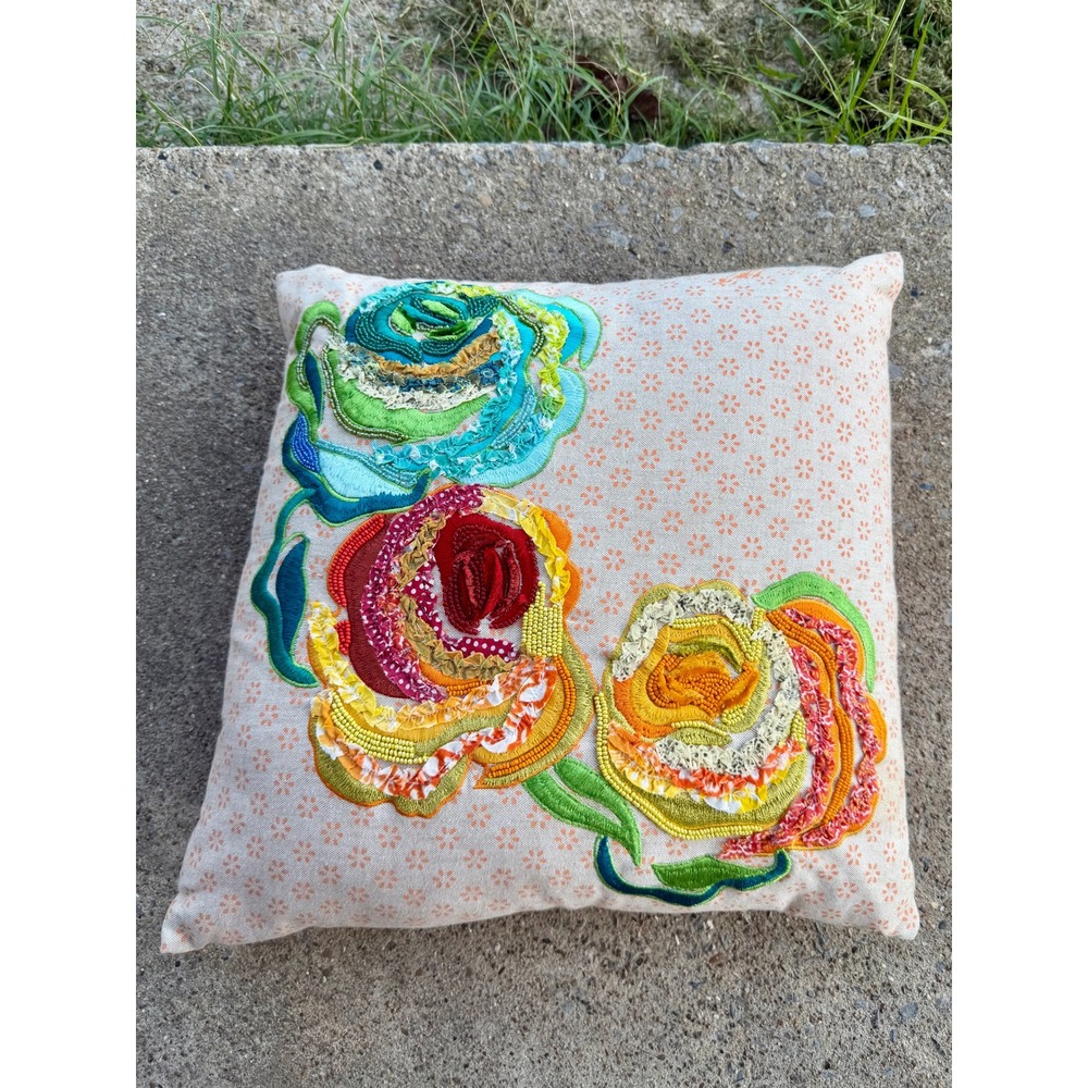 Pier 1 Imports Beaded Floral Embroidered Throw Pillow Orange Turquoise 16x16
